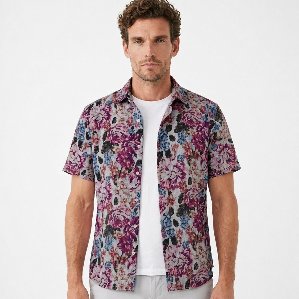 Abercrombie & Fitch Mens Large Linen Blend Floral Short Sleeve Button Up Shirt
